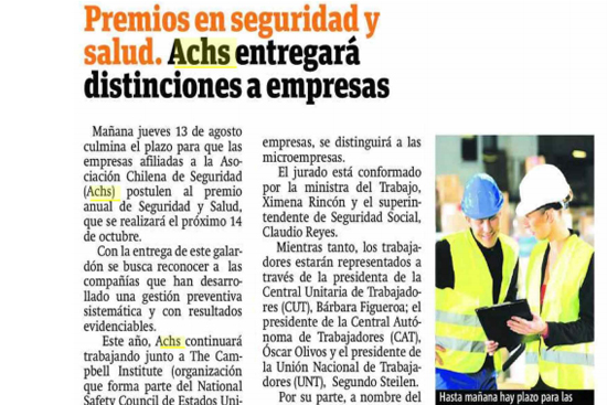 ACHS entregará distinciones a empresas líderes en seguridad