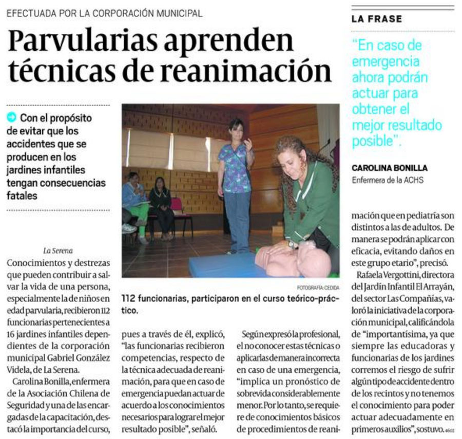 Parvularias aprenden técnicas de reanimación para evitar accidentes en Jardines Infantiles.